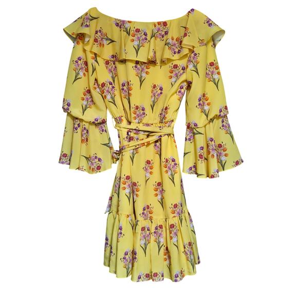 Borgo de Nor Yellow Floral Tulip Lily Mini Dress Size UK 8 US 4 - Picture 3 of 7